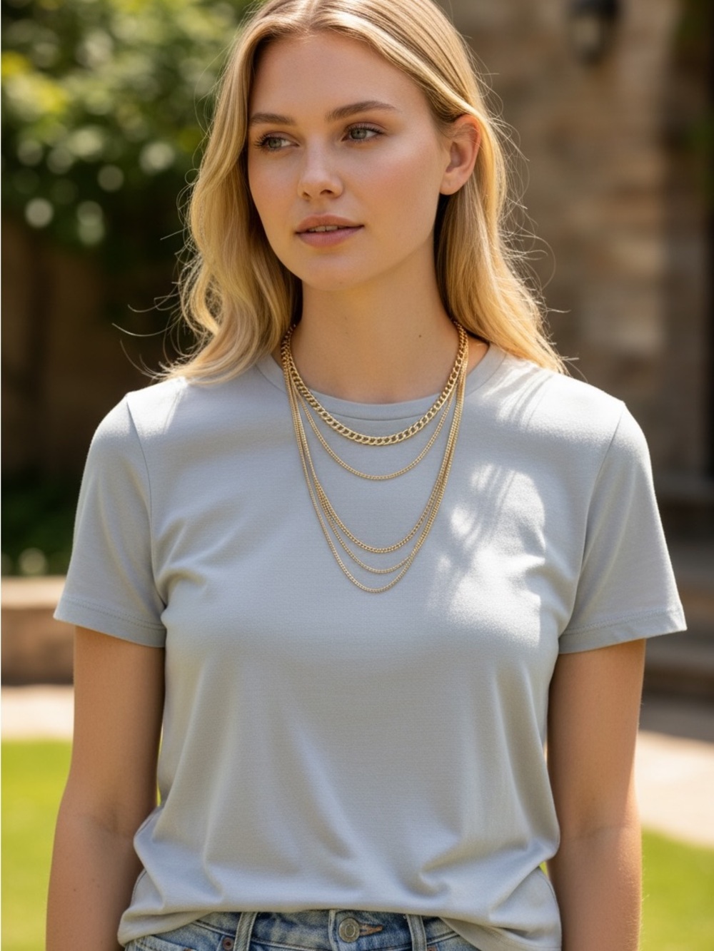 Wet Seal Gold tone Layered Chain Necklace - Triple Swag Chain